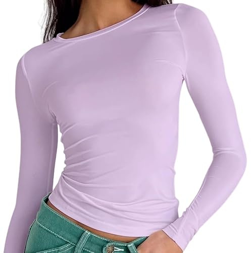 OYIGELZ Damen Langarmshirt Basic t Casual Rundhals Tee Shirt Eng Crop Tops Tiktok tees Streetwear(Hell Lila-T1,S)
