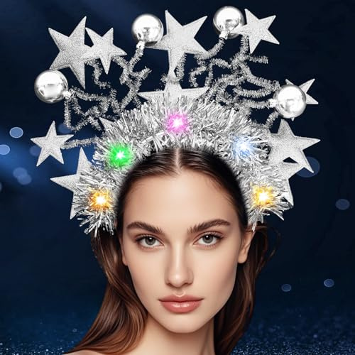 Leuchtend Stern Stirnband, Haarreifen Karneval, Kopfschmuck, Karneval Kostüm Zubehör, Glitzer LED Haarband mit Discokugel, Haarschmuck Accessoires für 70er 80er Karneval Weihnachten Neujahr (Silber)