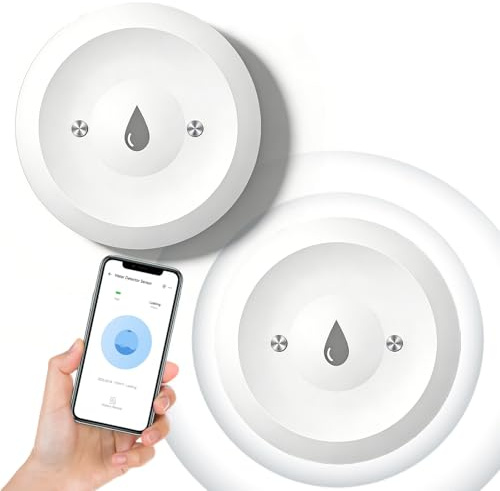 Wassermelder WLAN Wassersensor, 2 Stück Smart Wassermelder, Funk-Wassersensor, Wasserwächter, Smart Wasseralarm Melder, Alarm und App-Benachrichtigung, für Küche, Badezimmer und Keller