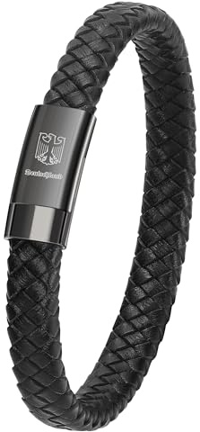 LEAFIA Lederarmband Herren Deutschland Adler Armband aus Echtem Leder mit Edelstahl Verschluss – Zeitloses Männer Armband für Stolz und Tradition, 21cm Schwarz