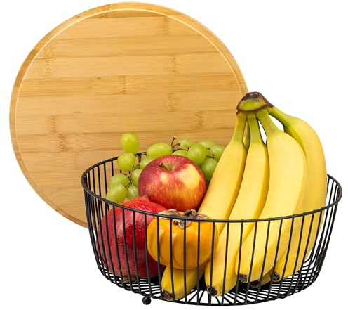 eluno Obstkorb, Brotkorb inkl. Bambusdeckel (auch als Schneidebrett verwendbar) Obstschale ideal geeignet für die übersichtliche Aufbewahrung von Obst, Gemüse, Brot und Snacks, aus Metall (schwarz)