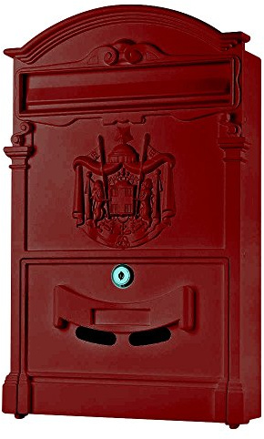Mucola Briefkasten Wandbriefkasten Antik mit Zeitungsfach 25x40,5x9 cm Rot | Front aus Aluguss mit 3D-Relief, pulverbeschichtet, A4-Einwurf mit Schutzklappe, inkl. 2 Schlüssel, Namensschild