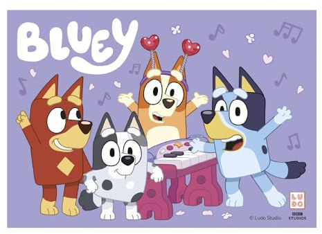dekora – Bluey Tortenaufleger aus Esspapier, rechteckiges Blatt 21 x 14,8 cm, Bluey Geburtstagsdeko für Kuchen und Torte, glutenfrei, laktosefrei, für Vegetarier geeignet