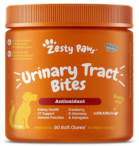 Zesty Paws, Cranberry Bladder Bites for Dogs, Urinary & Kidney Support, All Ages, Chicken Liver Flavor, 90 Soft Chews
