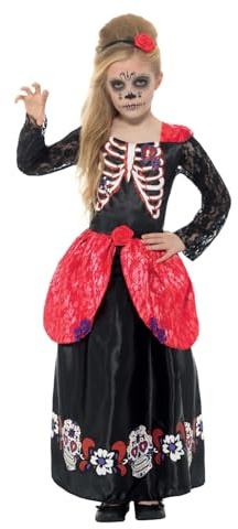 Smiffys Deluxe Day of the Dead Girl Costume, Black with Dress & Headband, Halloween Child Fancy Dress, Child Dress Up Costumes