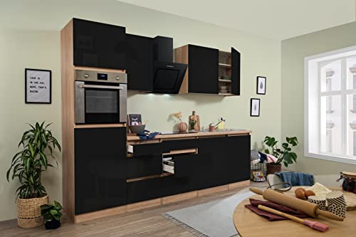 respekta Küche Küchenzeile Küchenblock grifflos Eiche Schwarz Lorena 280 cm