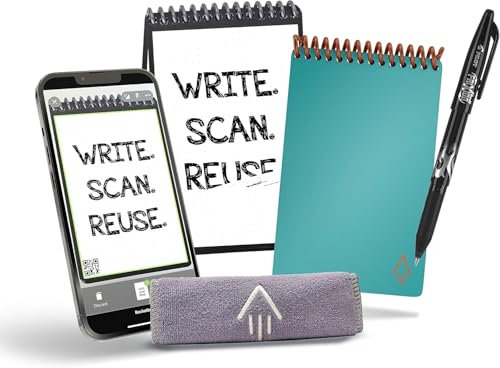 Rocketbook Reusable Digital Notebook - Smart Notepad A6 Teal - Wirebound Note Book To Do List Pad, Dotted Paper with Frixion Erasable Pen and Wipe, Office Gadget with Rocketbook App Reduce Paper Waste