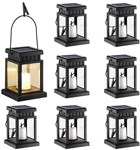 GIGALUMI Farol solar colgante para exteriores, paquete de 8 luces solares con estaca para jardín, patio, césped, cubierta, paraguas, tienda de campaña, árbol, patio, entrada (blanco cálido).