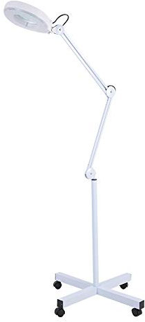 Cocoarm Lupenleuchte mit Standfuß Kosmetiklampe LED Lupenlampe Kosmetikleuchte Stehlampe 5 fache Vergrößerung Verstellbare Höhe Kosmetik LED Lampe mit Metallrahmen Tragarm und Rad 220-240V Weiß