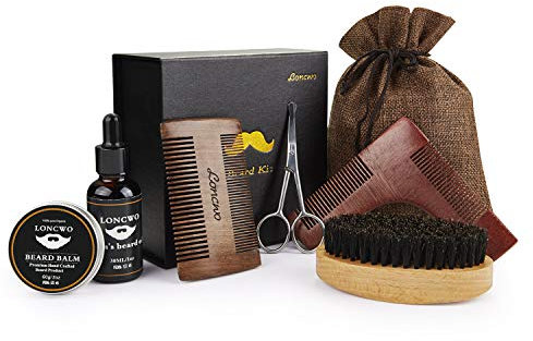 Bartpflege-Set - 6 teilig - Sandelholz Bartkamm, 100% Wildschweinborsten Bartbürste, Nasenhaarschere, Bartöl(30ml), Bartbalsam(60g), Bartformwerkzeug - Aufbewahrungstasche + Geschenkbox