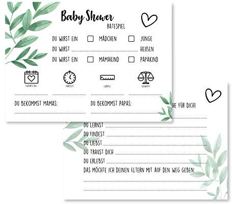 Gentle North Babyparty Spiele (25 Karten - beidseitig Bedruckt) - Deutsch - Babyshower Spiele für Junge und Mädchen - Deko Baby Shower Party Spiel - Grün Quer