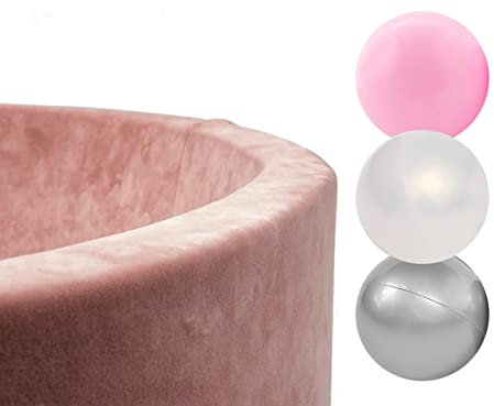 MISIOO Velvet Bällebad - Bällebad Kinder für Baby Zimmer - Bällebad Baby - 150 Bälle für Bällebad - Baby Spielzeug - Maschinenwaschbar - Öko-Tex - 90 x 30 cm - Rosa - Rosa Weiß und Silber Bälle