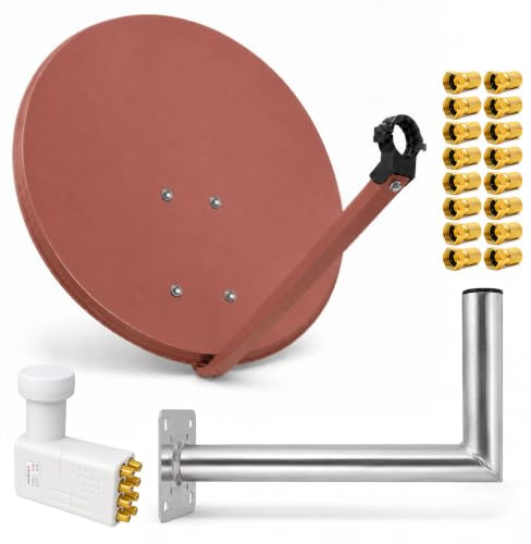 PremiumX Satelliten-Komplettanlage 80cm Satellitenantenne Rot Satellitenschüssel SAT Octo LNB 16x F-Stecker Wandhalter 45cm