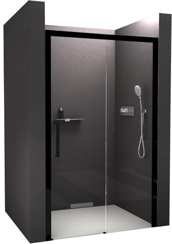 BERNSTEIN Nischendusche mit Schiebetür Soft-Close 140x195cm DX906 Flexible Montage Klarglas Echtglas-Dusche mit NANO Duschwand, Profilfarbe in Schwarz