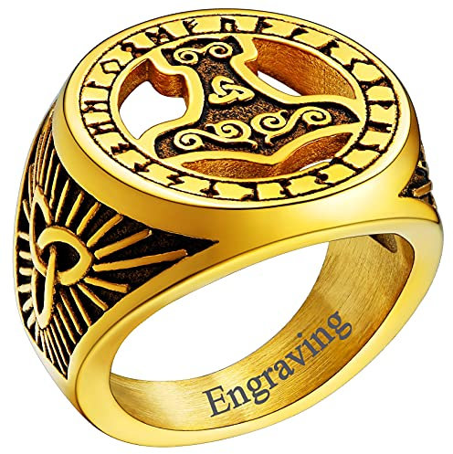 FaithHeart Retro Viking Fingerring im Runenkreis Herren Jungen Thors Hammer Fingerring Wikinger Siegelring Statement Ring Männer Mjölnir Ring mit Gravur