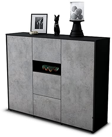 Stil.Zeit Highboard Kommode Quinta, Korpus anthrazit matt, Front Industrie-Design Beton (136x108x35cm), Push-to-Open Technik & Leichtlaufschienen