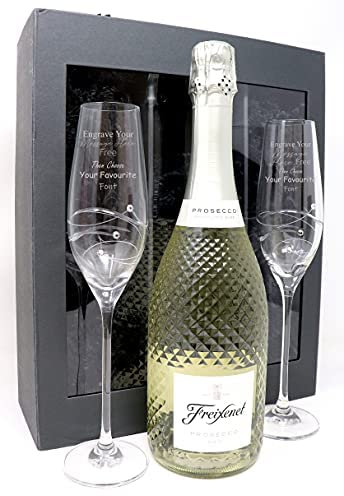 Personalised Pair of Diamante Flutes & Freixenet Prosecco 75cl (Presentation Gift Box)
