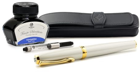 Diplomat Excellence A2 Mother of Pearl Gold Fountain Pen Set with Leather Pen Case, Writing Ink and Converter, Fountain Pen with Stainless Steel Nib, Medium, Fountain Pen Set