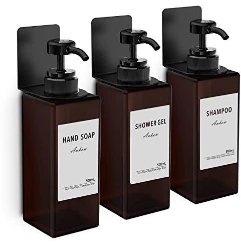 Anhow 3er Seifenspender Wandbefestigung Set, 500ml Seifenspender Wand Ohne Bohren Kunststoff Spülmittelspender mit 16pcs Wasserdichten Etiketten für Küche und Badezimmer - Braun