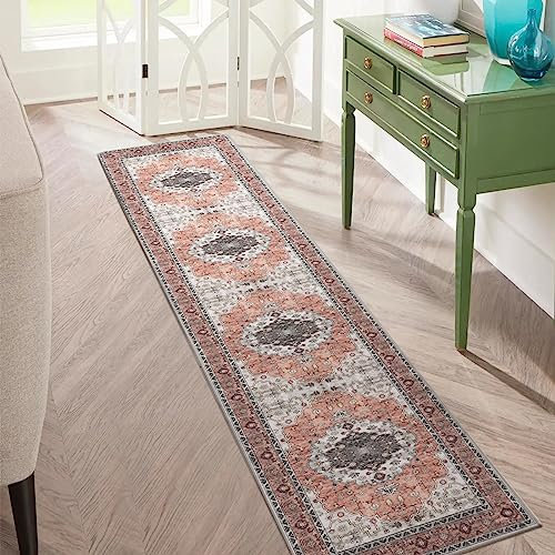 Carvapet Läufer Teppich 60x300cm rutschfest Lang Küchenteppich Waschbar Dünner Teppiche Gegend Blüte Medaillon Teppich für Wohnzimmer Schlafzimmer Küche(Orange)