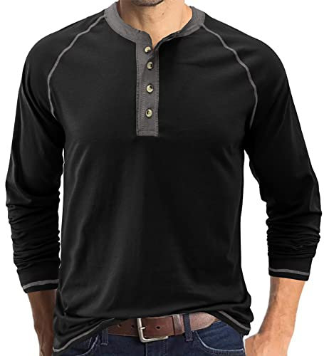 Mens Henley Shirts Casual Shirt Long Sleeve Tops Cotton Tee Basic T-Shirt Crew Neck Top Knitted Buttons Black