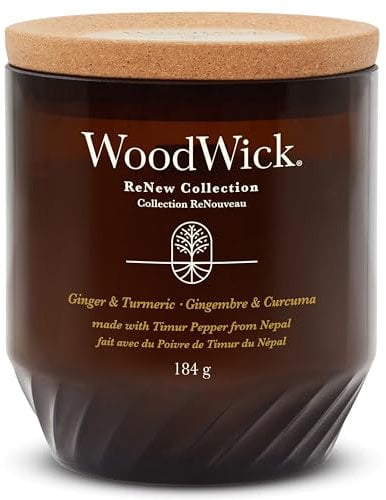 Bougie parfumée WoodWick ReNew avec mèche crépitante | Bougie Gingembre et Curcuma format moyenne | Cire à base de soja et de noix de coco | Matériaux recyclés | Cadeaux parfaits pour femmes