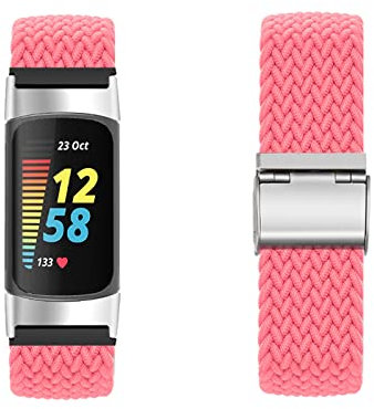 KUWAI Armband für Fitbit Charge 6, Nylon Geflochtenes Loop Band, Rostfreier Stahl Einstellbares Armband mit Fitbit Charge 6 ArmBand (Rosa, Silver)