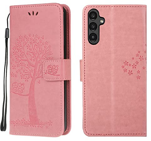 Wuhaizher Samsung A15 5G / 4G Case Leather Wallet Flip Folio Magnetic Clasp Stand View Bookstyle Cases for Samsung Galaxy A15 Phone Case Cover Shockproof Cute Owl & Tree Pattern, Pink