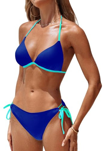 CUPSHE Damen Bikini Set Neckholder Triangel Push Up Bikini Low Waist Kontrastpaspeln Bademode Zweiteiliger Badeanzug Swimsuit Marineblau/Hellcyan XL
