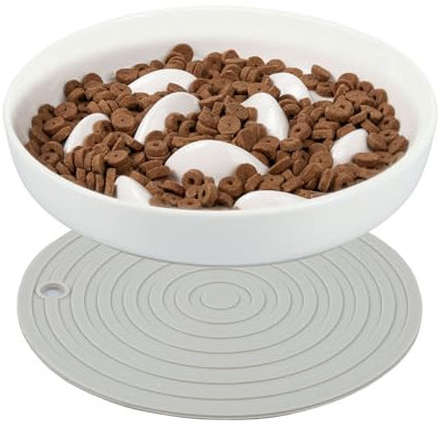 Gamelle Anti Glouton Chat en Ceramique Gamelle Anti Glouton Chat Blanc ou Vert Avec Surélevée Gamelle Anti Glouton pour Chat Chien Prévenir Vomissements Indigestion Obésité (Blanc avec Base)