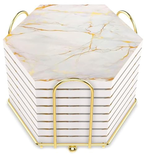 BEAHING Coasters Blancs, 8pcs Coasters en marbre 3,9x3,9 '' avec Porte-Barres de Boisson en sous-Verres absorbants en Pierre Non Glissante pour Le Bureau de Bureau de Bureau de Cuisine.