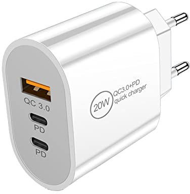 Chargeur USB C 3 Port Prise USB C Chargeur Rapide Multiple Secteur PD+QC 3.0A Type C Adaptateur Chargeur USB C Rapide (White, Taille Unique)