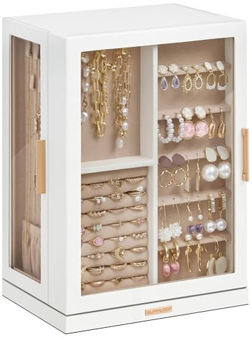 Glimmloop 360° Rotating Jewelry Box with 7 Drawers, Spacious Vertical Jewelry Organizer with Glass Window, Jewelry Storage Case, Dustproof & Moisture-resistant Design, White