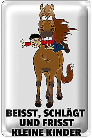 Warnschild Pferd | Humorvolles Metallschild 'Beißt, schlägt und frisst kleine Kinder' | Perfekt für Ställe und Bauernhöfe | 20 cm x 30 cm