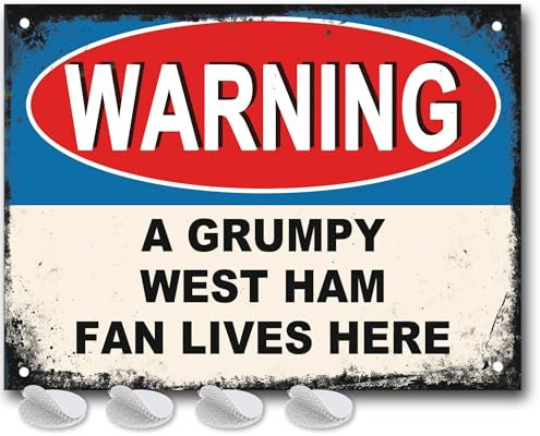 West Ham Gifts for Men - or Boys Funny The Hammers Football Grumpy West Ham Fan Lives Here Metal Sign, Mens Metal Poster for Dads FC Man Cave or Home Bar Signs