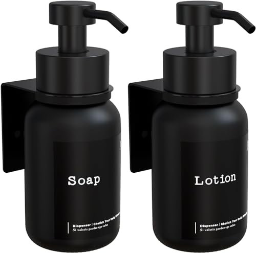 TEHEO Flüssigseifenspender Wand Schwarz - 250ml Glas Halterung zum Kleben oder Bohren - Shampoo Duschgel [2 Stück]