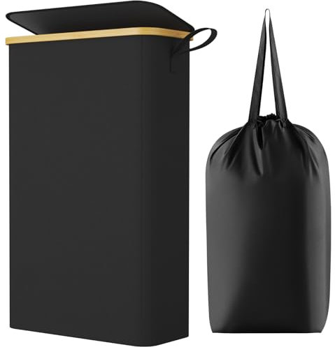 Lifewit 65L Slim Laundry Hamper with Lid, Narrow Laundry Basket with Removable Bag & Bamboo Handles, Fodable Thin Dirty Clothes Hamper for Laundry Collapsible Bin for Bathroom Bedroom Dorm, Black