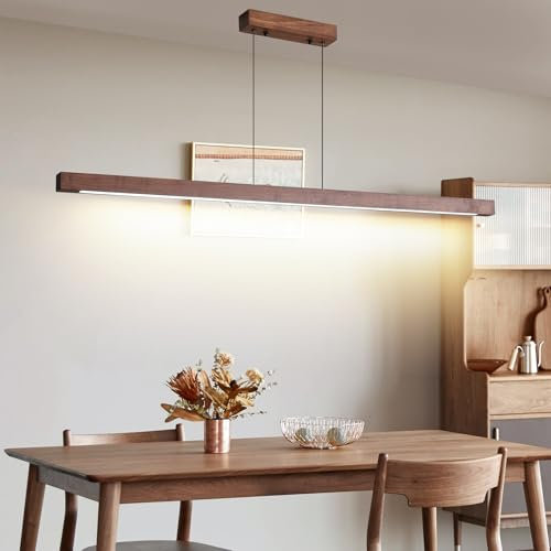 Mikeru 150cm Long Pendant Light, Wood Kitchen Lights Over Island Dimmable 10% to 100% Pool Table Lighting Dining Table Walnut Chandelier with Memory Function 3000K/4500K/6500K for Bedrooms