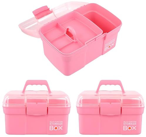 MAHIONG 2 PCS 11 Inch Multipurpose Storage Box with Removable Tray, Portable Craft Storage Box with Handle, Plastic Art Craft Organizer Case, Sewing Box for Cosmetic, Hair Accessories