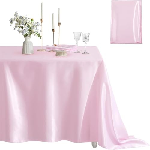 Highdi Nappe Rectangulaire en Satin Tissu, Nappe de Table Exterieur Jardin pour Fête Mariages Hôtel Banquet Evénement Célébrations (60 * 102 Pouces,Rose)
