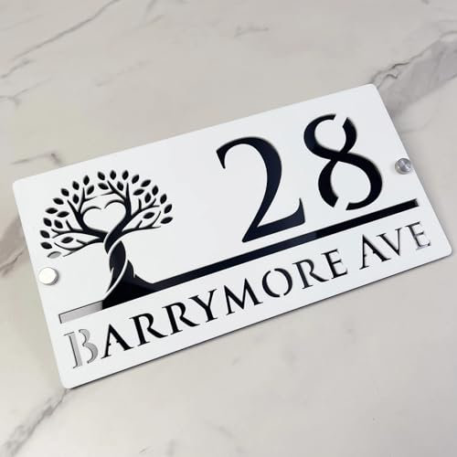 Tree of Life House Number Sign Customized Grey Gold 3D Acrylic Plaque Laser Cut Modern Address Plate for Outdoor Home Decoration (H)