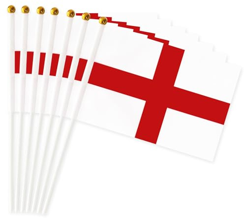 20 Pack Small Handheld England Flags 14 x 21 cm – Double-Sided St George’s Cross English Flags on Plastic Sticks with Gold Tops for Parades, St George’s Day, National and Sports Events