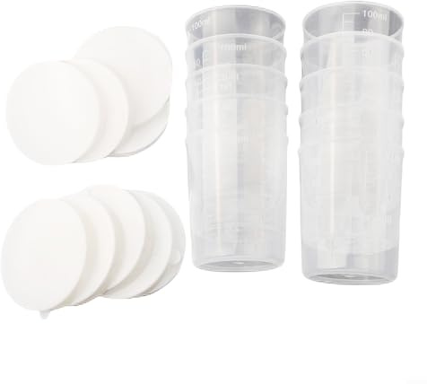 10 tazas medidoras de plástico transparente de 100 ml con tapas blancas, recipientes pequeños reutilizables de medición de líquidos para hornear en cocina, cocina, manualidades y almacenamiento de