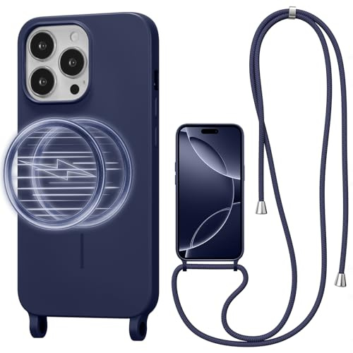 UCASONG Magnetic Case for iPhone 15 Pro Max with Lanyard, Navy Blue | Compatible with MagSafe, Crossbody Liquid Silicone Case, Soft Shockproof Protective Cover, with Adjustable Neck Cord Strap