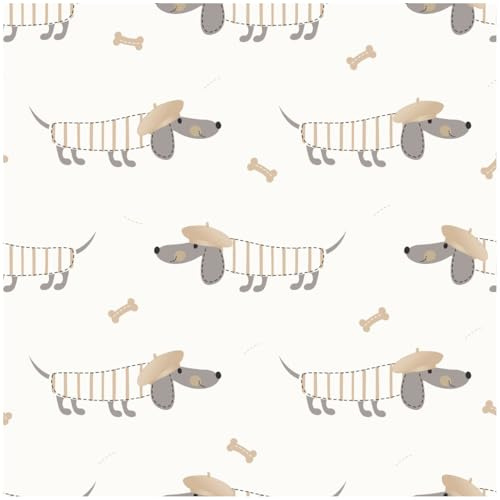 Sausage Dog Wallpaper with Beret Dachshund Pattern – Cute Neutral Beige and Grey Animal Print Design with Bone Motifs – Playful Nursery, Children’s Bedroom or Dog Lover Feature Wall Decor