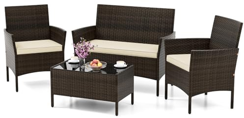 SOARS Juego de salón de jardín de 4 piezas, muebles de jardín con cojines, sofá de 2 plazas, 2 sillones de ratán PE, mesa baja de cristal, muebles de exterior para terraza, balcón (marrón+marrón)