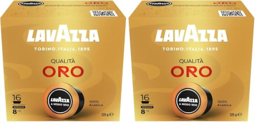 Lavazza - A Modo Mio Qualita Oro, 16 Capsules de Café, pour un Espresso aux Notes fruités et Florales, 100% Arabica, Intensité 8 sur 13, Torréfaction Moyenne, 2 Paquets de 16 Capsules
