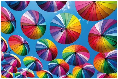 Wallario Küchenrückwand selbstklebend 90 x 60 cm, Motiv: Bunte Regenschirme vor blauem Himmel | Spritzschutz abwischbar & pflegeleicht