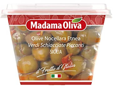 MADAMA OLIVA, Olive Schiacciate Nocellara Verdi Piccanti, Gusto Forte e Deciso, Ideali da Accompagnare con Formaggi Stagionati e Speziati, Antipasti e Salumi, 100% Made in Italy, 250 gr