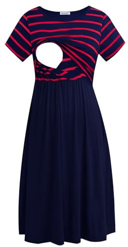 Smallshow Robe d'allaitement à Manches Courtes Robe de Maternité Décontractée pour Femmes pour Allaitement Navy Wine Stripe-Navy X-Large